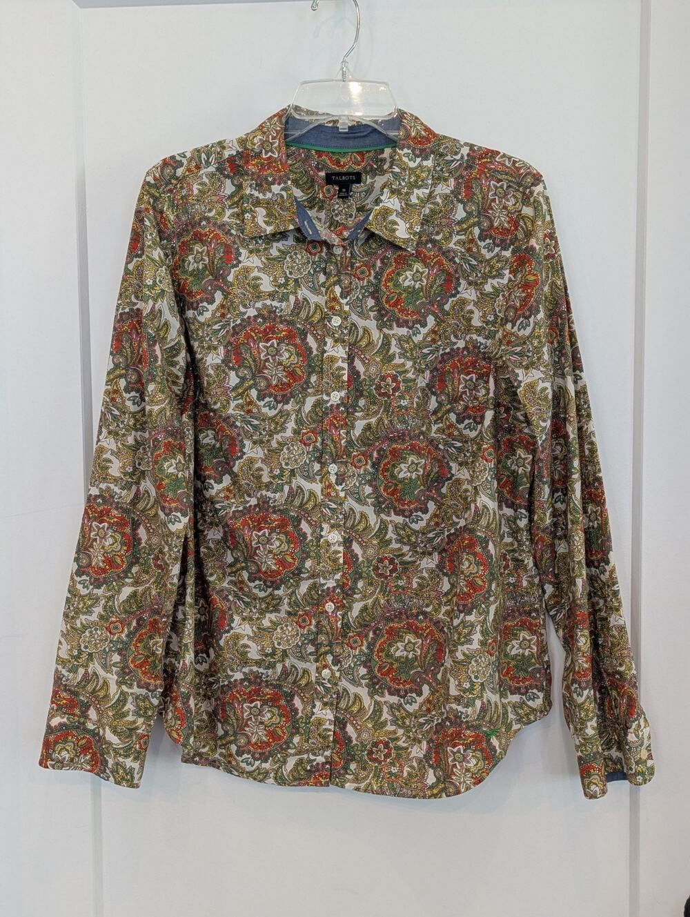 Talbots Women's 16 Shirt Green Orange Paisley Blue Denim Cuff Preppy Coastal EUC